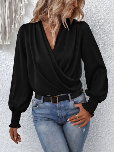 Surplice Smocked Lantern Sleeve Blouse - WAZKA