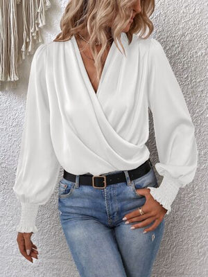 Surplice Smocked Lantern Sleeve Blouse - WAZKA