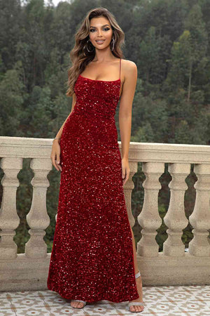 Sequin Backless Split Maxi Dress - WAZKA