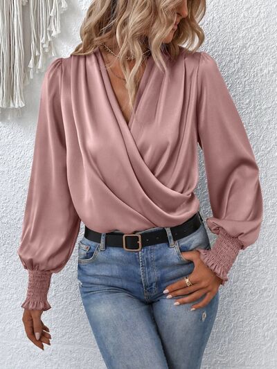 Surplice Smocked Lantern Sleeve Blouse - WAZKA