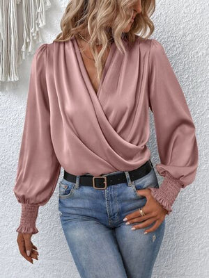 Surplice Smocked Lantern Sleeve Blouse - WAZKA