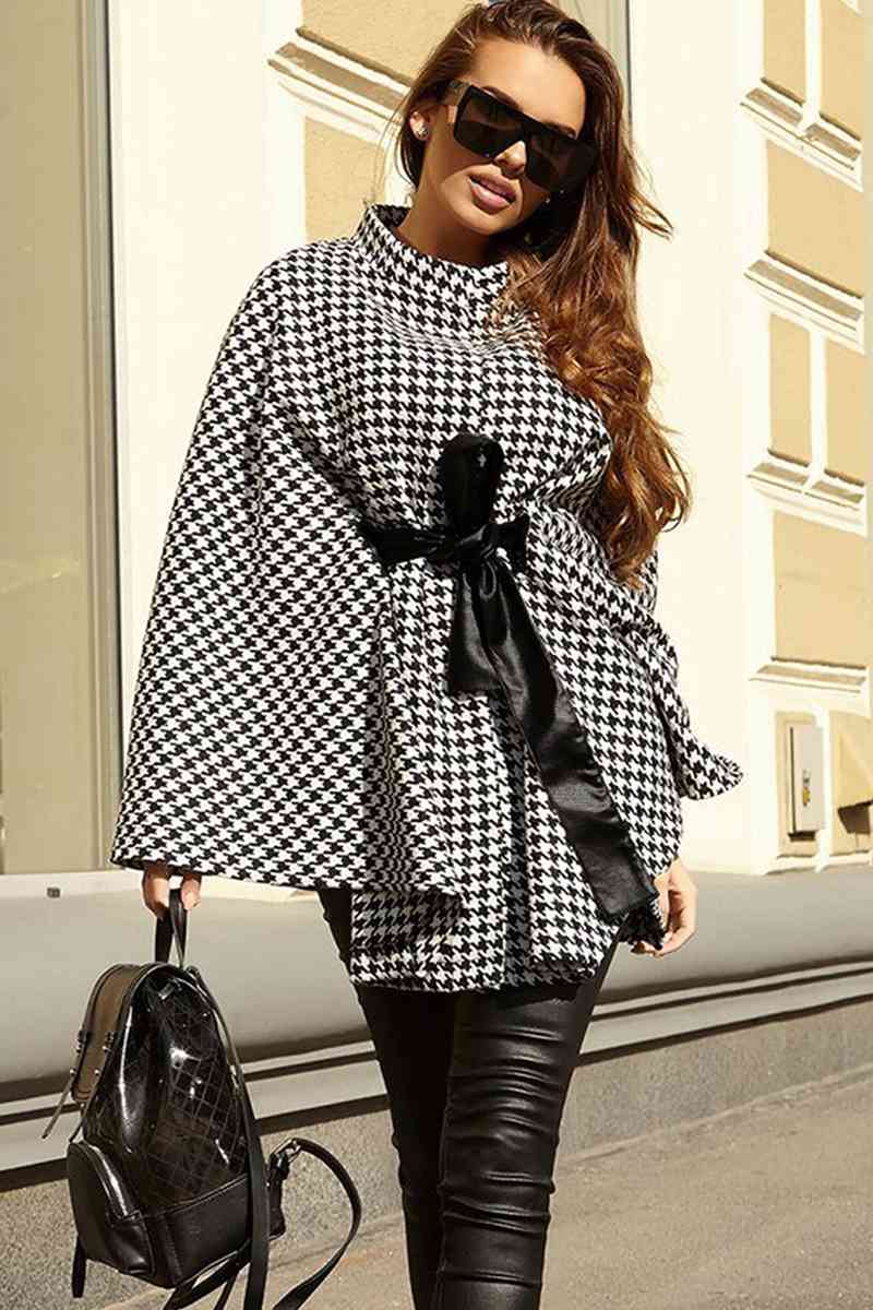 Houndstooth Tie Waist Trench Coat - WAZKA