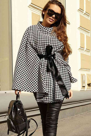 Houndstooth Tie Waist Trench Coat - WAZKA