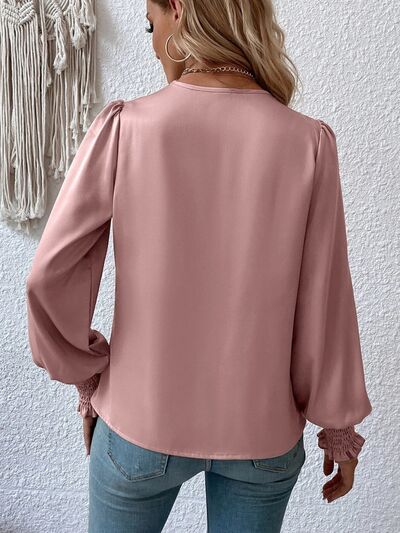 Surplice Smocked Lantern Sleeve Blouse - WAZKA