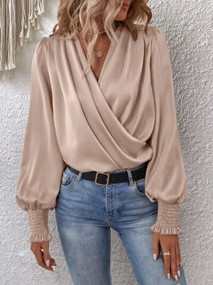 Surplice Smocked Lantern Sleeve Blouse - WAZKA