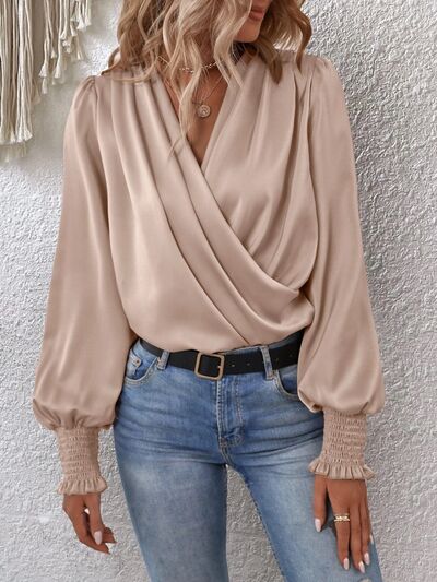 Surplice Smocked Lantern Sleeve Blouse - WAZKA