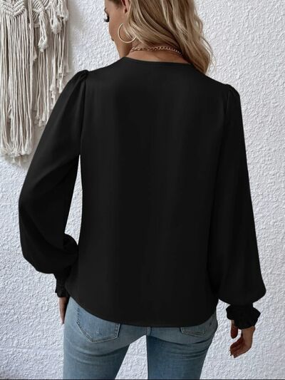 Surplice Smocked Lantern Sleeve Blouse - WAZKA
