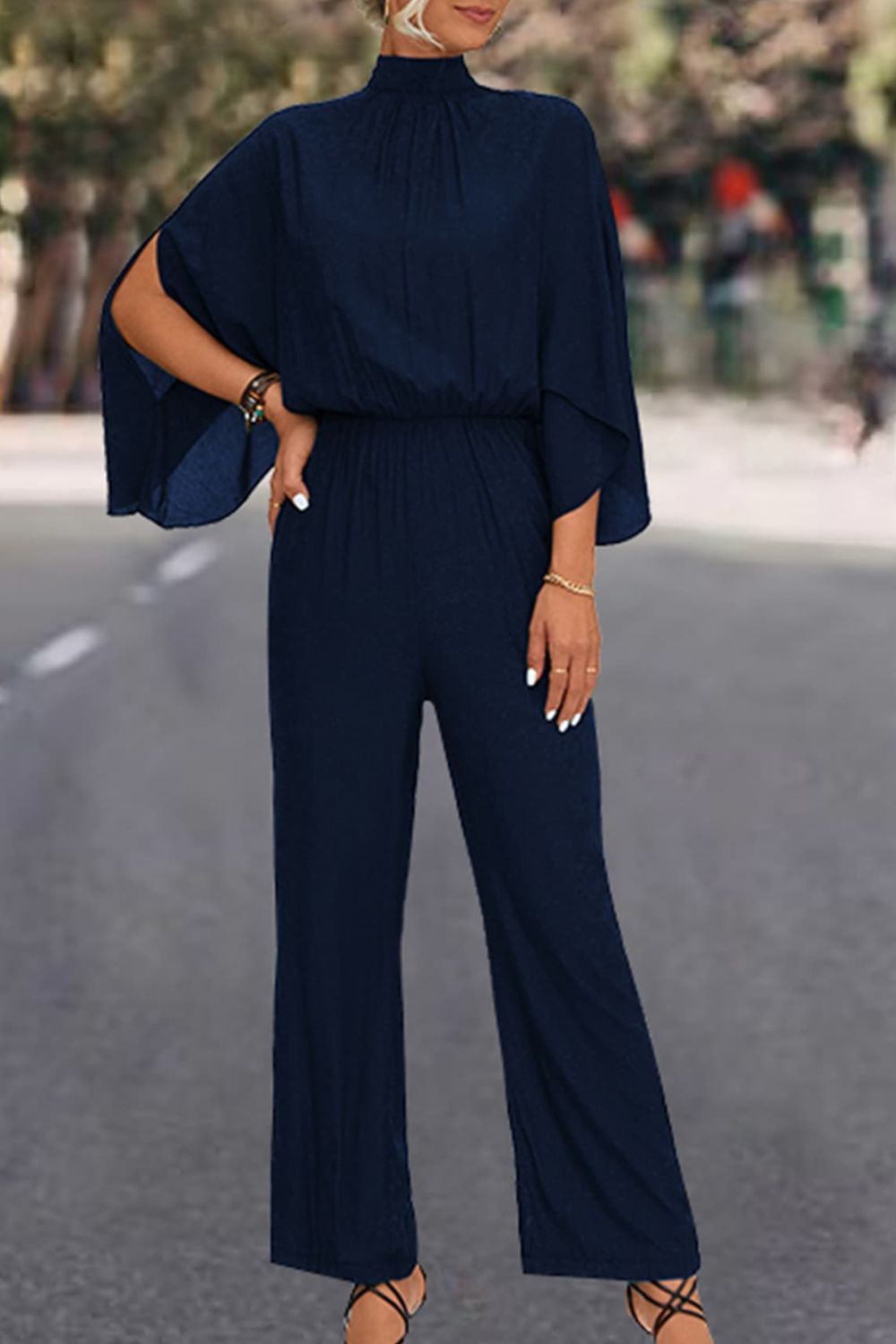 Tie Back Mock Neck Split Sleeve Jumpsuit - WAZKA