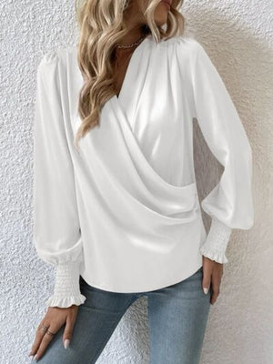 Surplice Smocked Lantern Sleeve Blouse - WAZKA