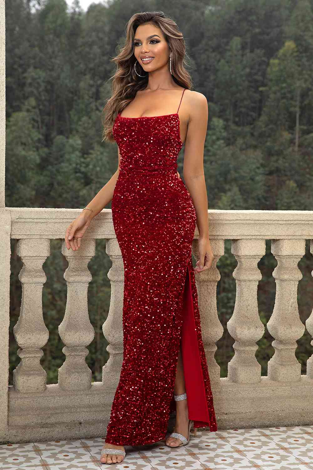 Sequin Backless Split Maxi Dress - WAZKA