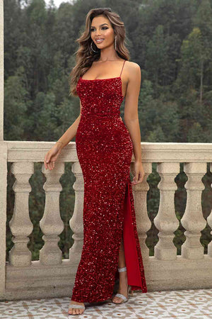 Sequin Backless Split Maxi Dress - WAZKA