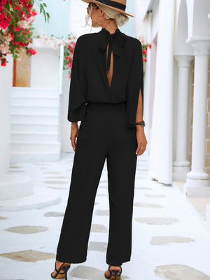 Tie Back Mock Neck Split Sleeve Jumpsuit - WAZKA